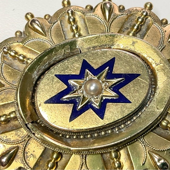 Victorian Locket Brooch Enamel Half Pearl Gold Filled Hair Mourning Locket - Picture 2 of 8